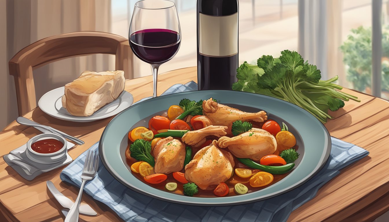 A plate of reheated chicken cacciatore with a side of steamed vegetables and a glass of red wine on a wooden table