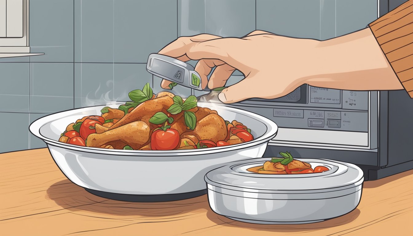 A person placing leftover chicken cacciatore into a microwave-safe dish and setting the timer to reheat