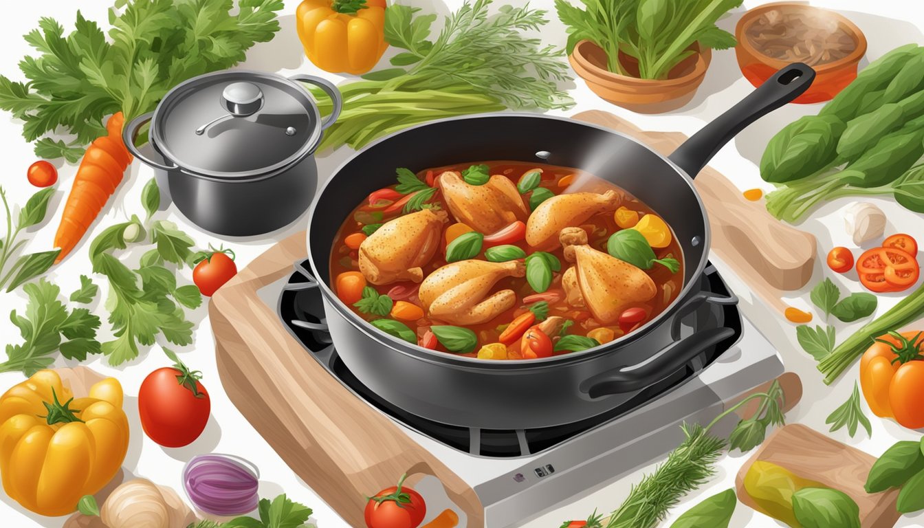 A steaming pot of chicken cacciatore simmers on a stovetop, surrounded by colorful vegetables and aromatic herbs