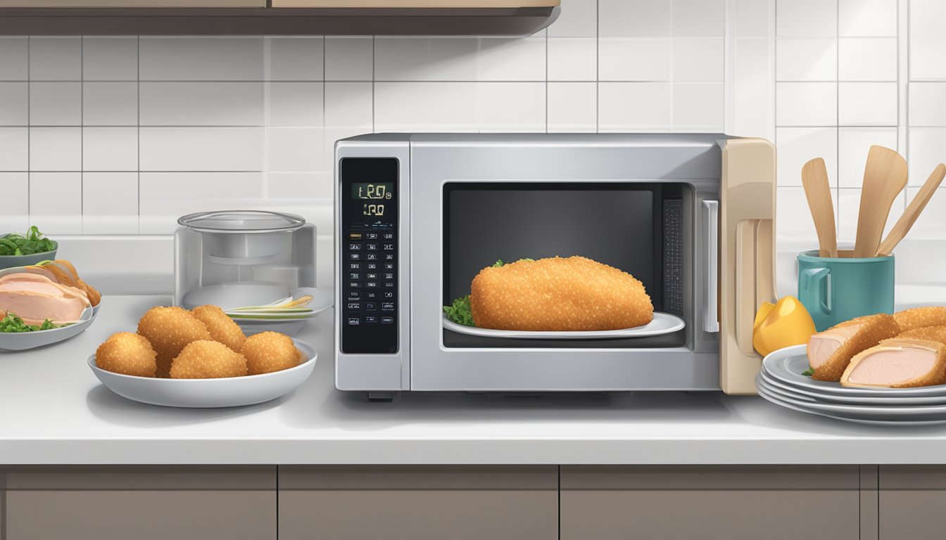 A microwave with a plate of chicken cordon bleu bites inside, a digital thermometer, and a timer on the counter