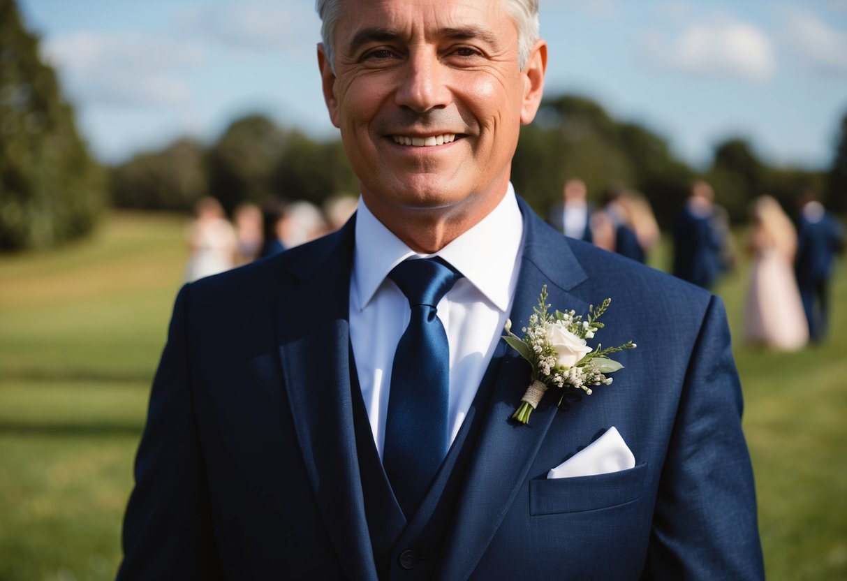 A 50-year-old wears a navy suit and tie to a wedding
