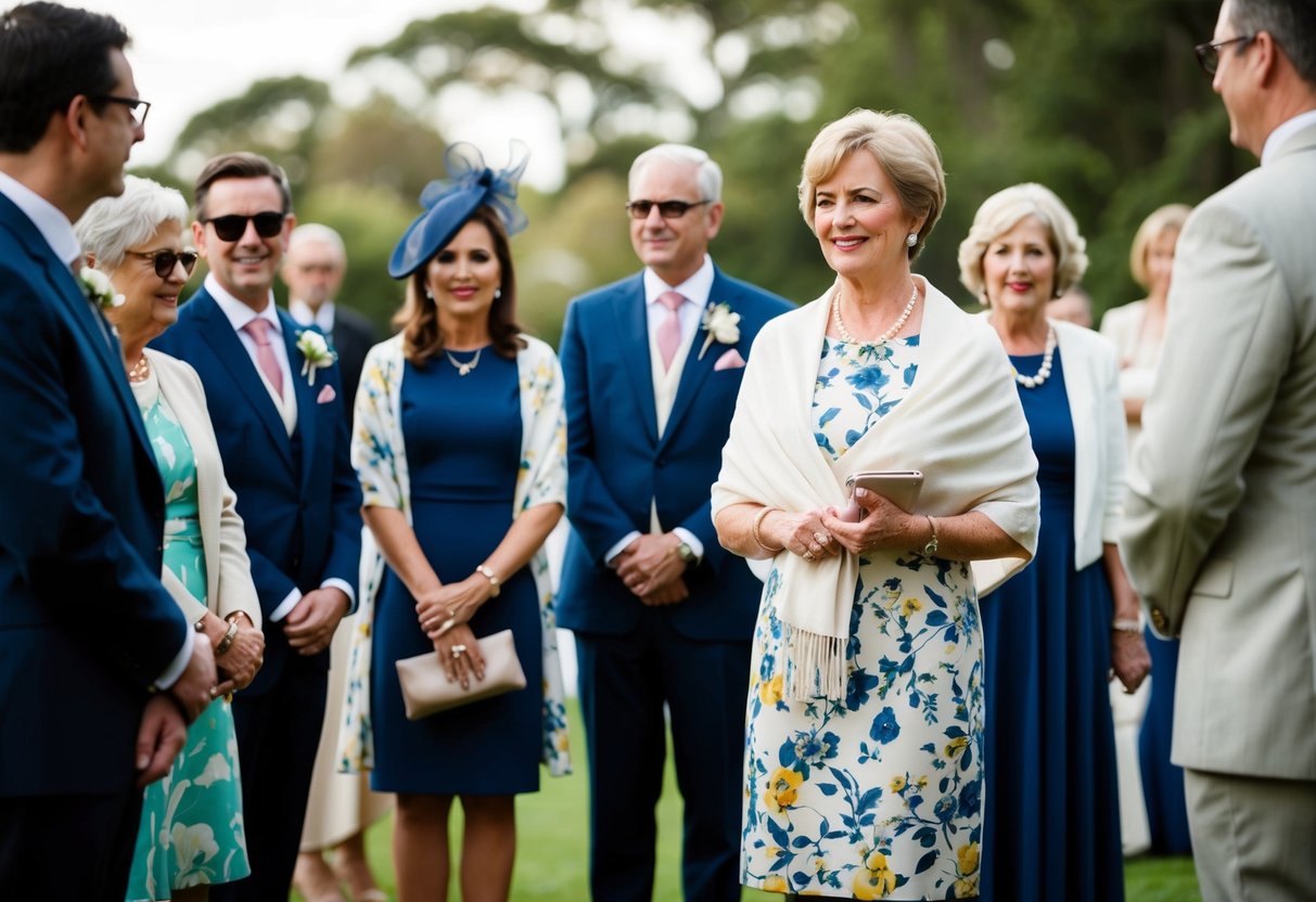 A 50-year-old woman in a knee-length floral dress and a light shawl, holding a small clutch, stands among other wedding guests in formal attire