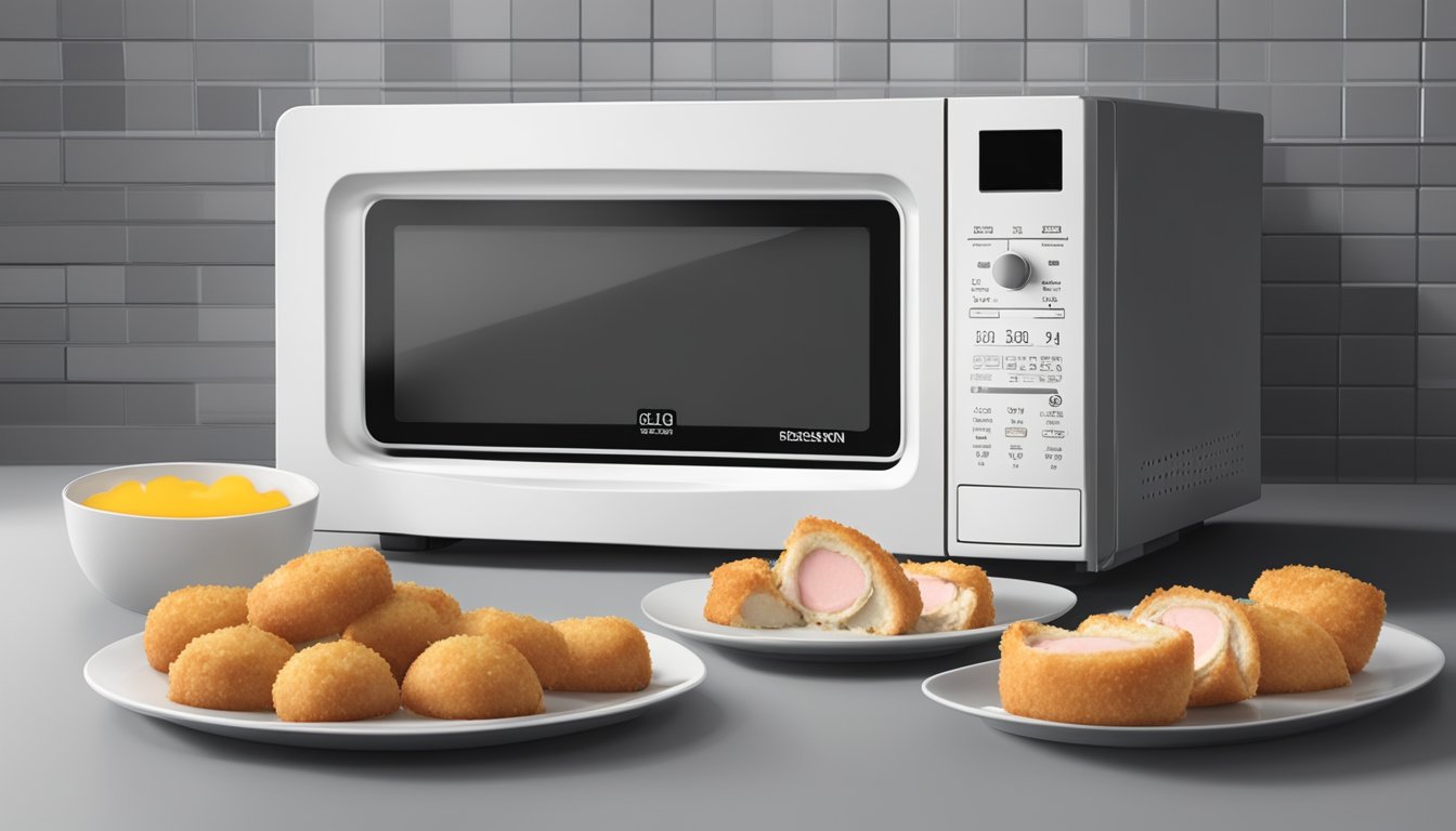 A microwave with a plate of chicken cordon bleu bites inside, the digital display showing the timer counting down as the food reheats