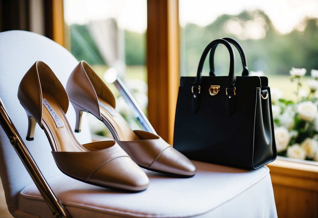 A pair of elegant, comfortable dress shoes placed next to a stylish handbag on a chair at a wedding venue