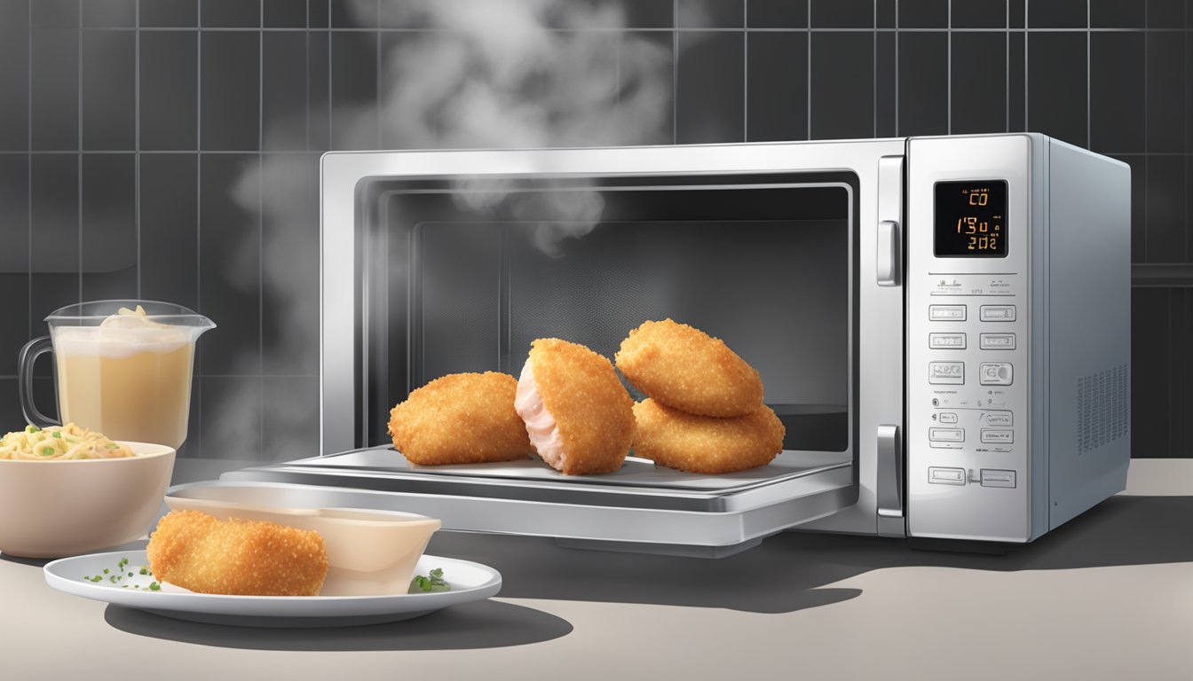 A microwave with a plate of chicken cordon bleu bites inside, a timer set, and steam rising from the hot food