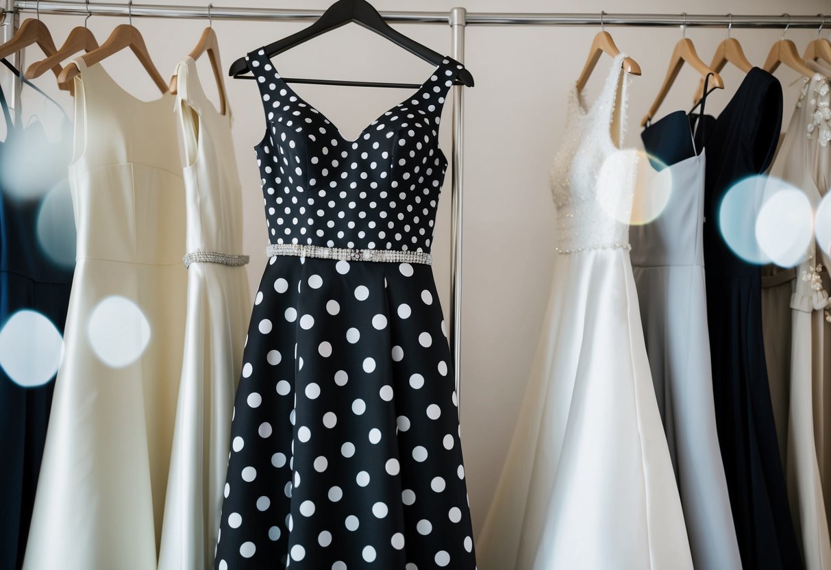A black and white polka dot dress hanging on a hanger, surrounded by elegant wedding attire