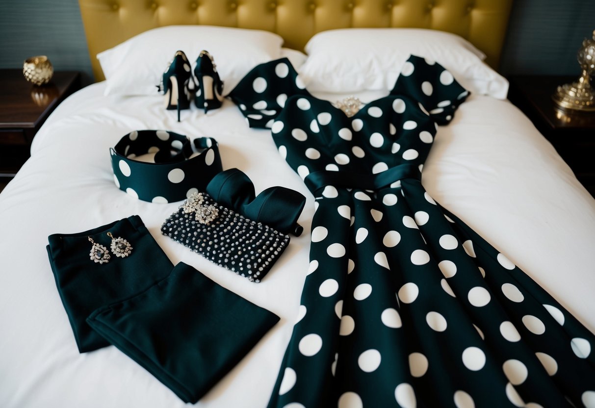 A stylish black and white polka dot dress and matching accessories laid out on a bed, ready to be worn to a wedding