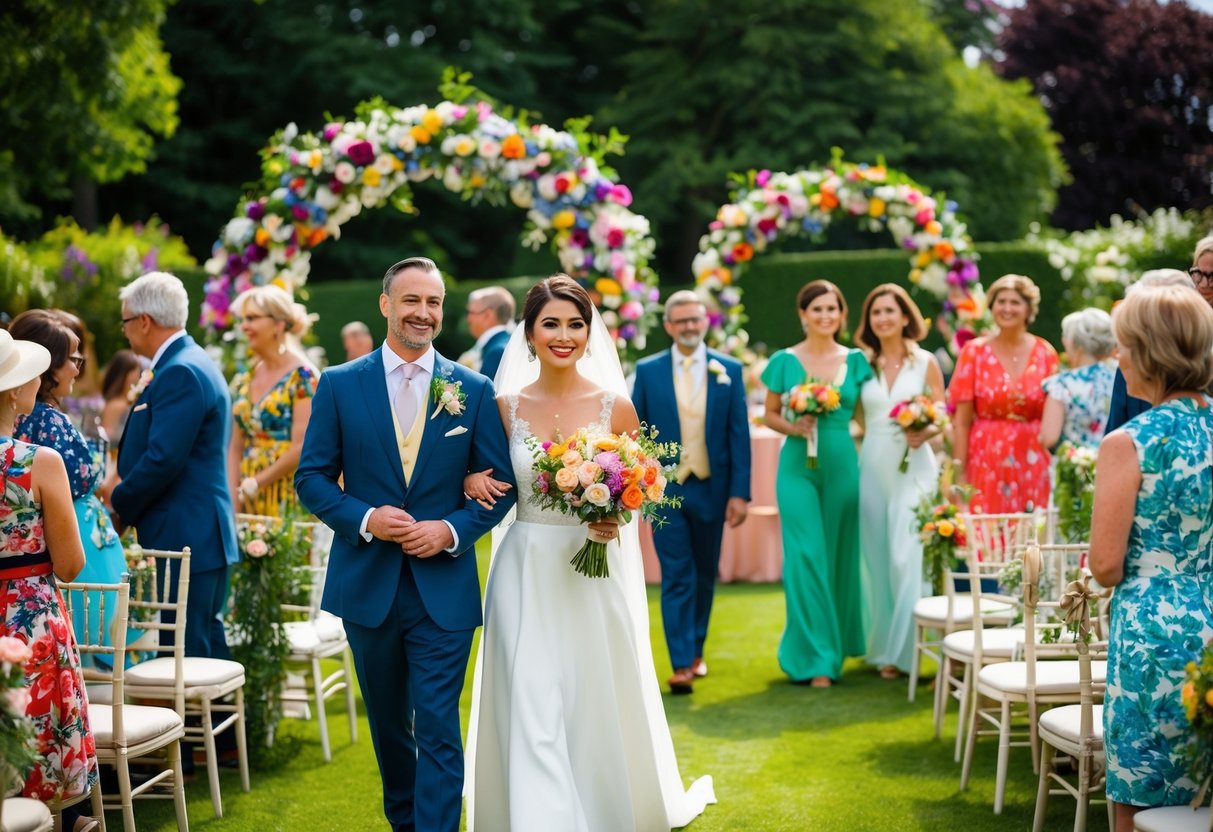 A garden wedding with colorful floral decorations and guests dressed in elegant, summery attire