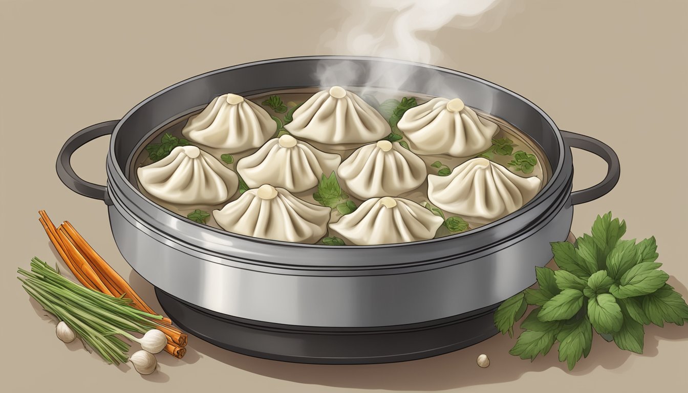 A steaming pot of chicken dumplings being gently reheated over a low flame, surrounded by aromatic herbs and spices