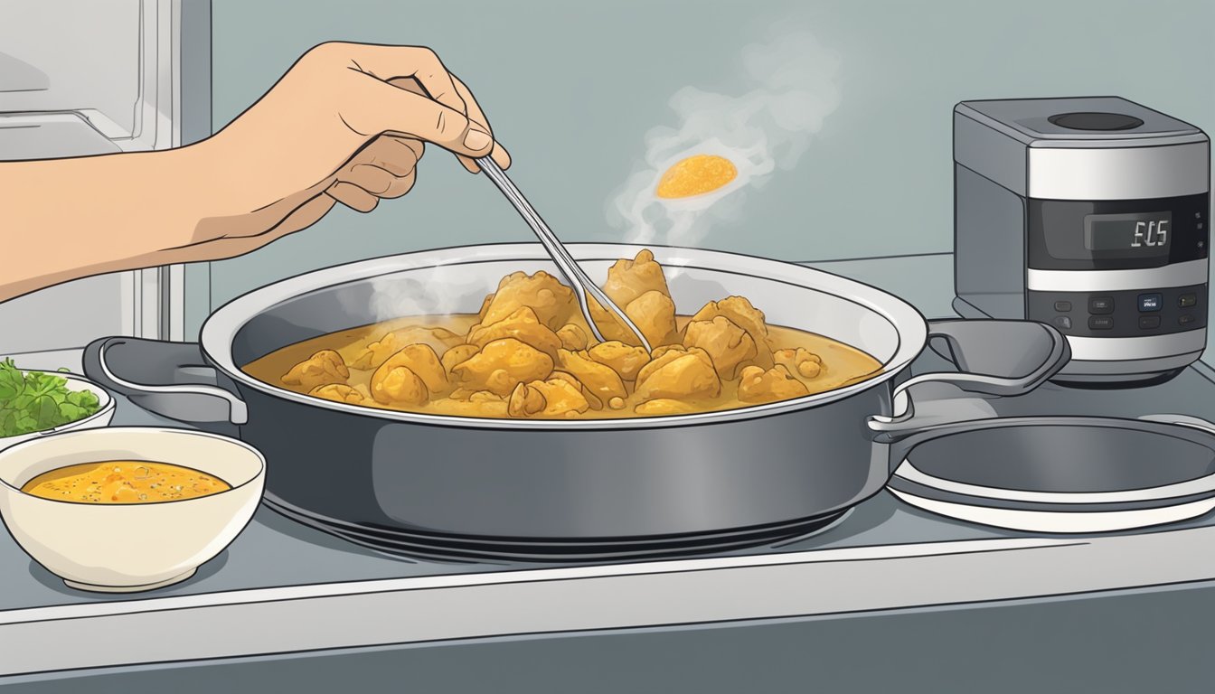 A person reheating chicken korma in a microwave-safe dish, stirring occasionally, with steam rising from the fragrant curry