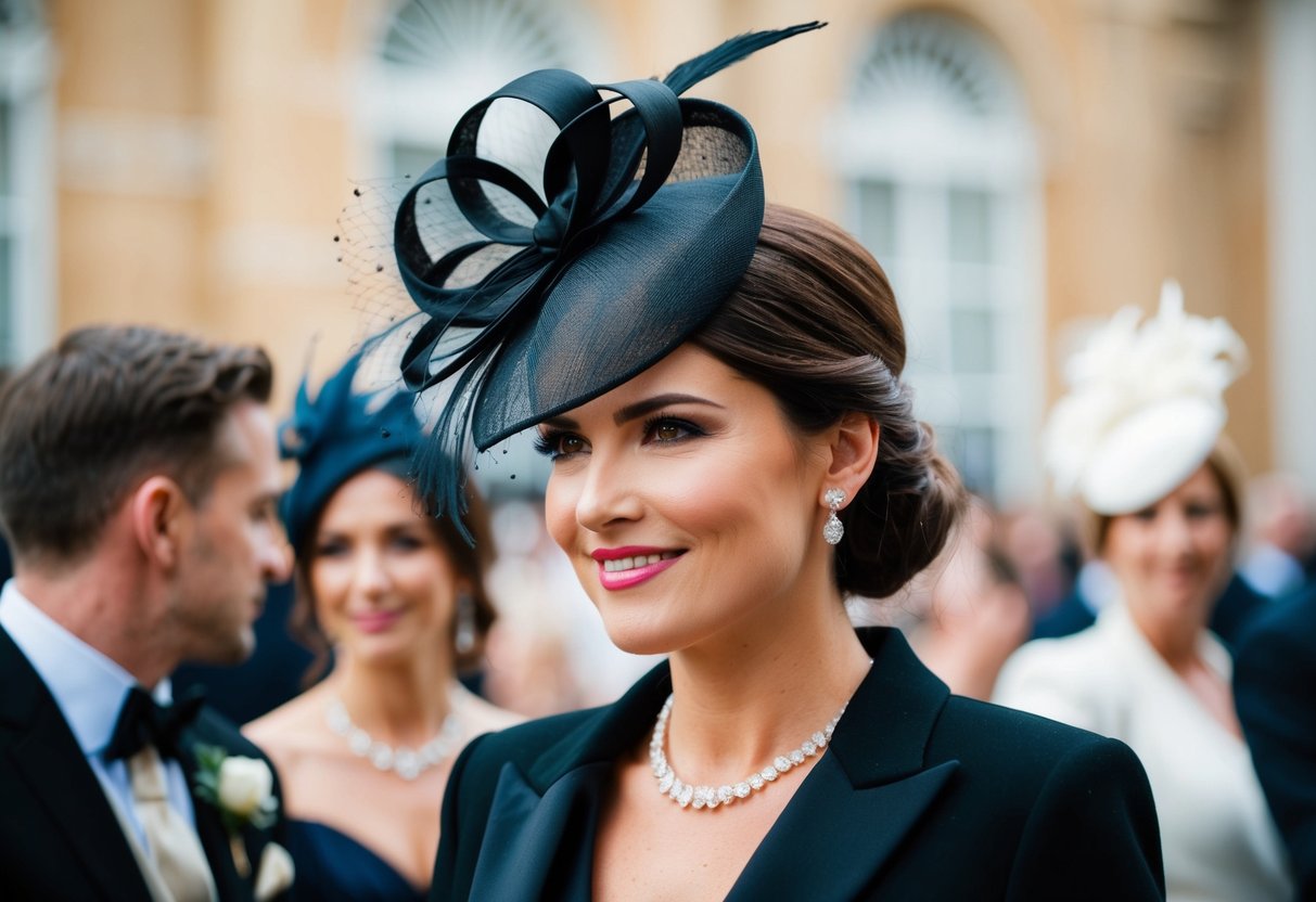 A woman in a stylish black fascinator at a wedding