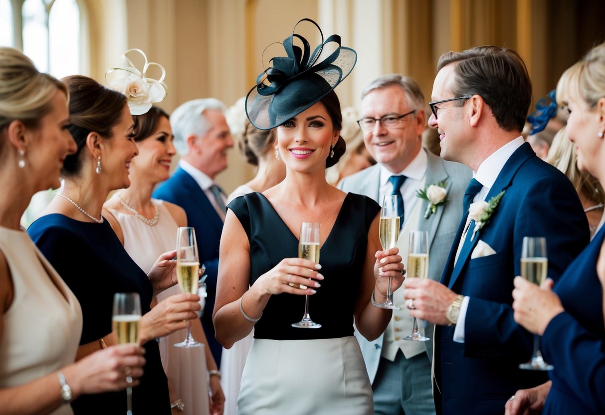 A woman in a stylish black fascinator stands among a crowd of elegantly dressed wedding guests, sipping champagne and chatting animatedly