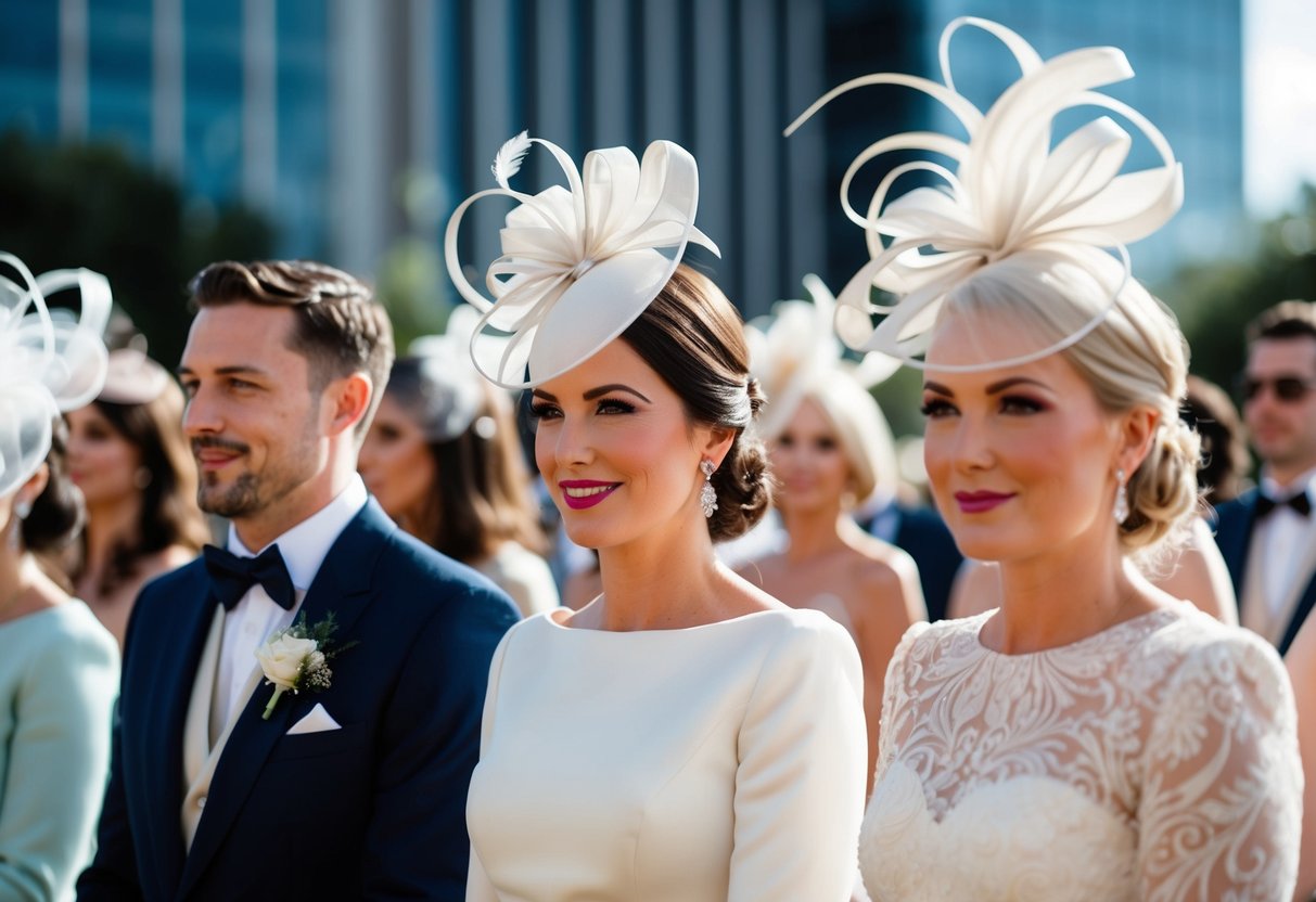 A glamorous wedding scene with guests wearing modern fascinators and elegant attire