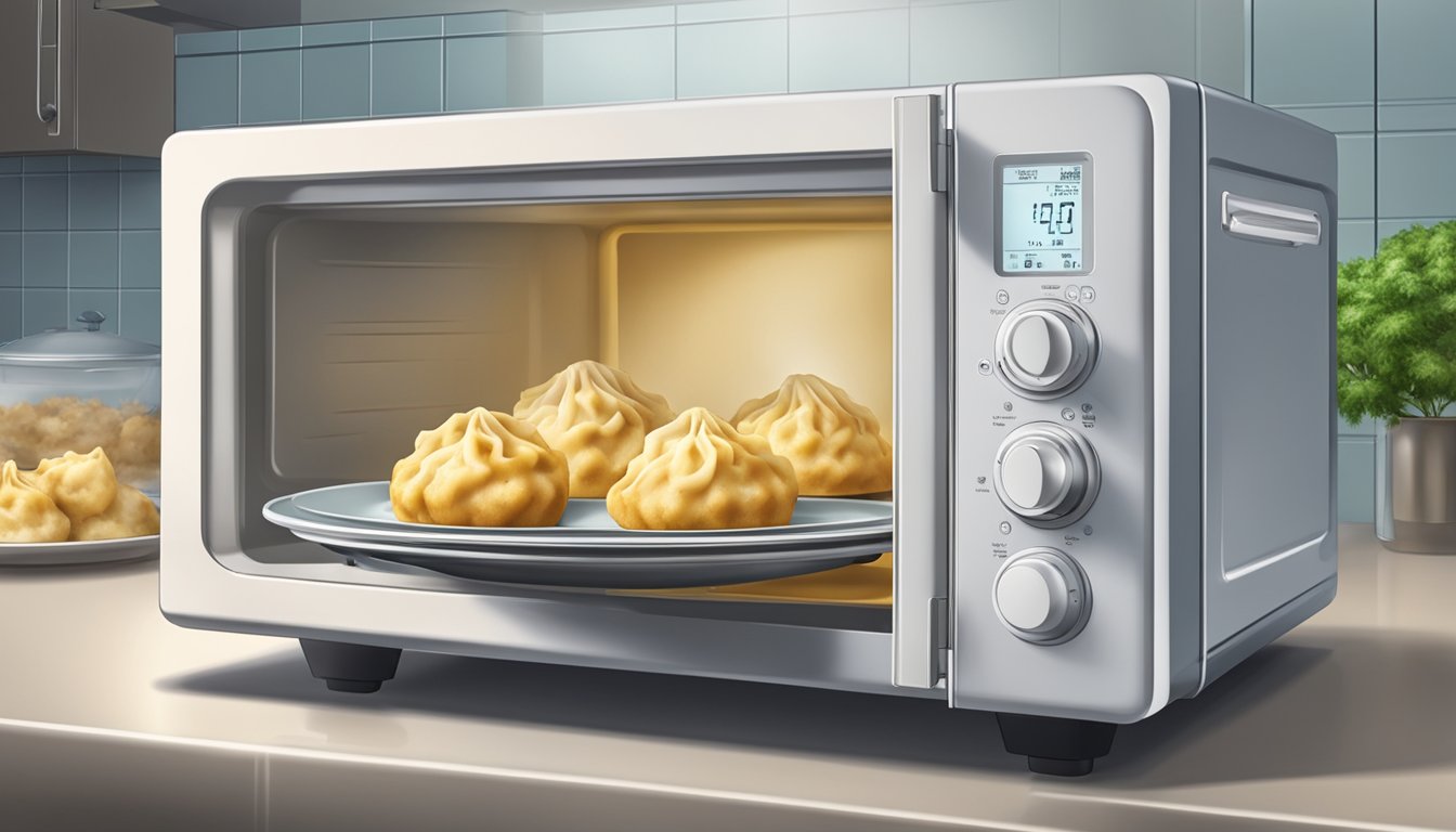 A microwave with a plate of chicken dumplings inside, rotating as it heats up, steam rising from the dumplings