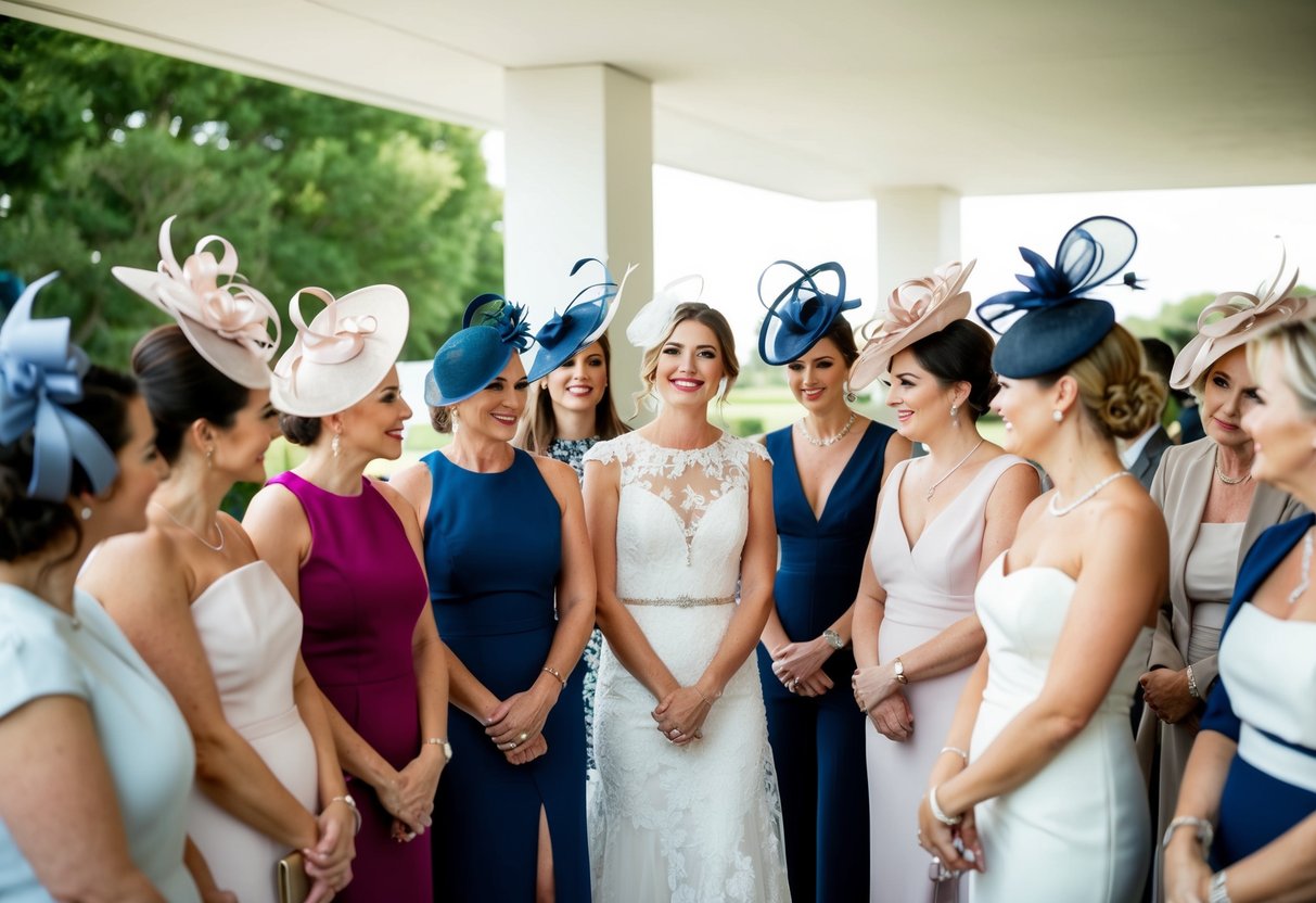 A group of elegantly dressed wedding guests admiring a display of modern fascinators at a chic outdoor wedding venue in 2024