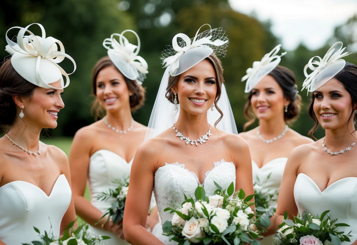 A bride and her bridesmaids wearing elegant fascinators at an outdoor wedding in 2024