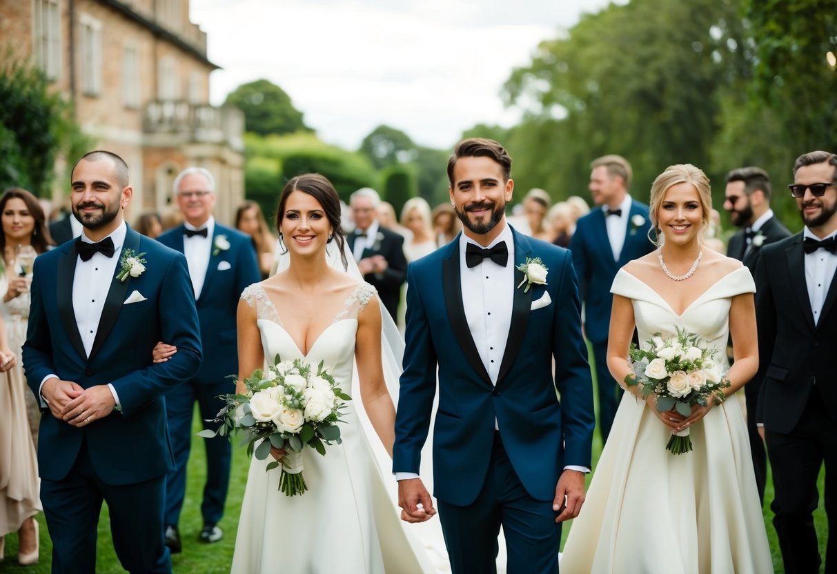 A wedding scene with guests in elegant attire, avoiding black and overly bright colors in favor of softer, more muted tones