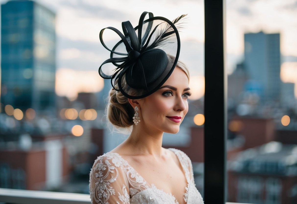 A bride wearing a modern fascinator at a trendy wedding in 2024