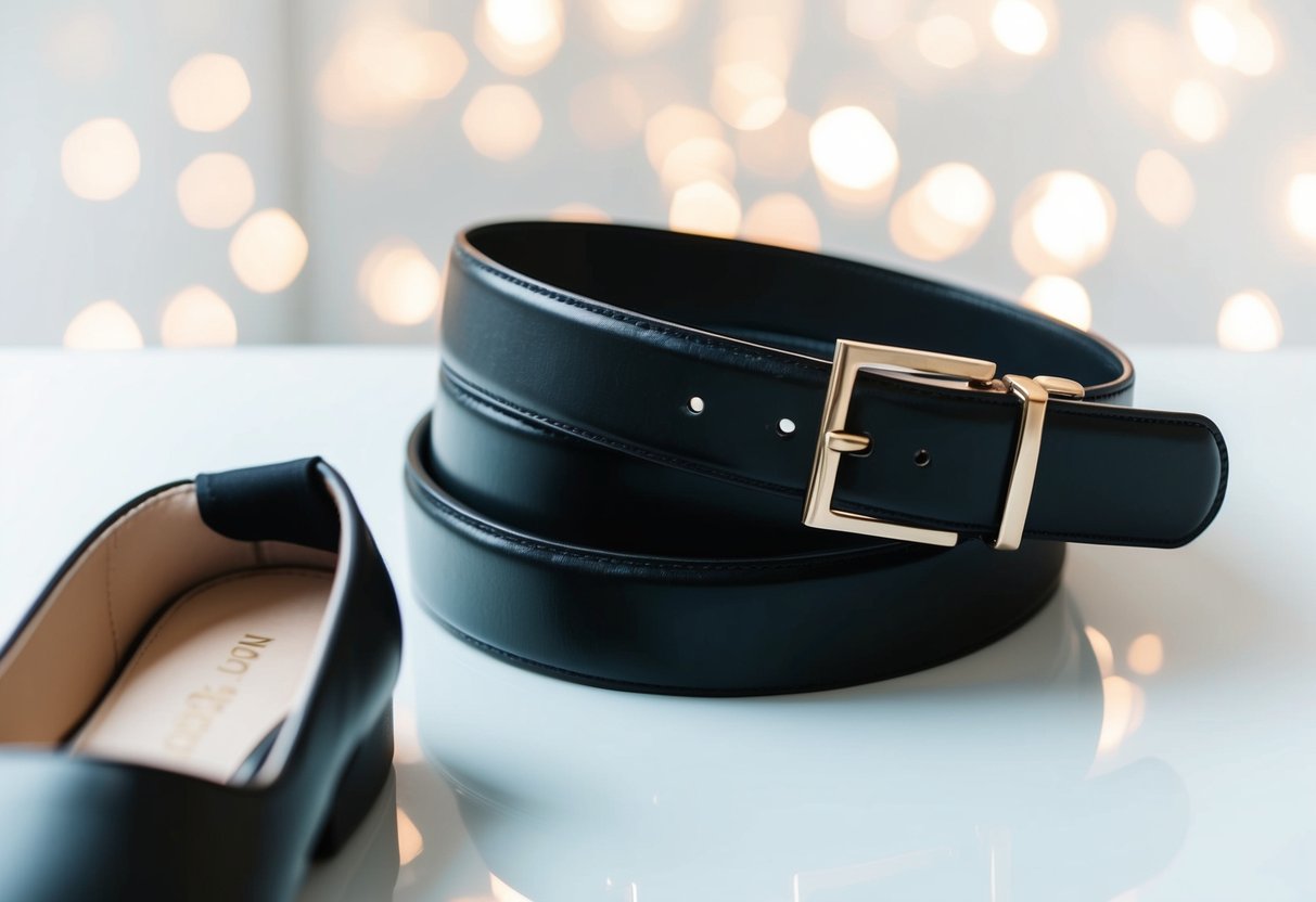 A woman's black leather belt and matching shoes on a clean, white background