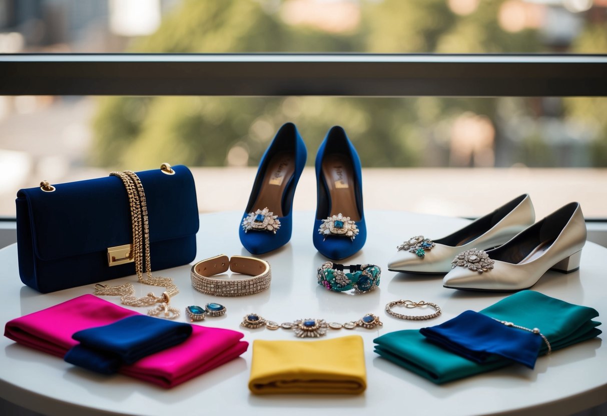 A wedding guest outfit with a variety of colorful accessories laid out on a table, including jewelry, scarves, and shoes