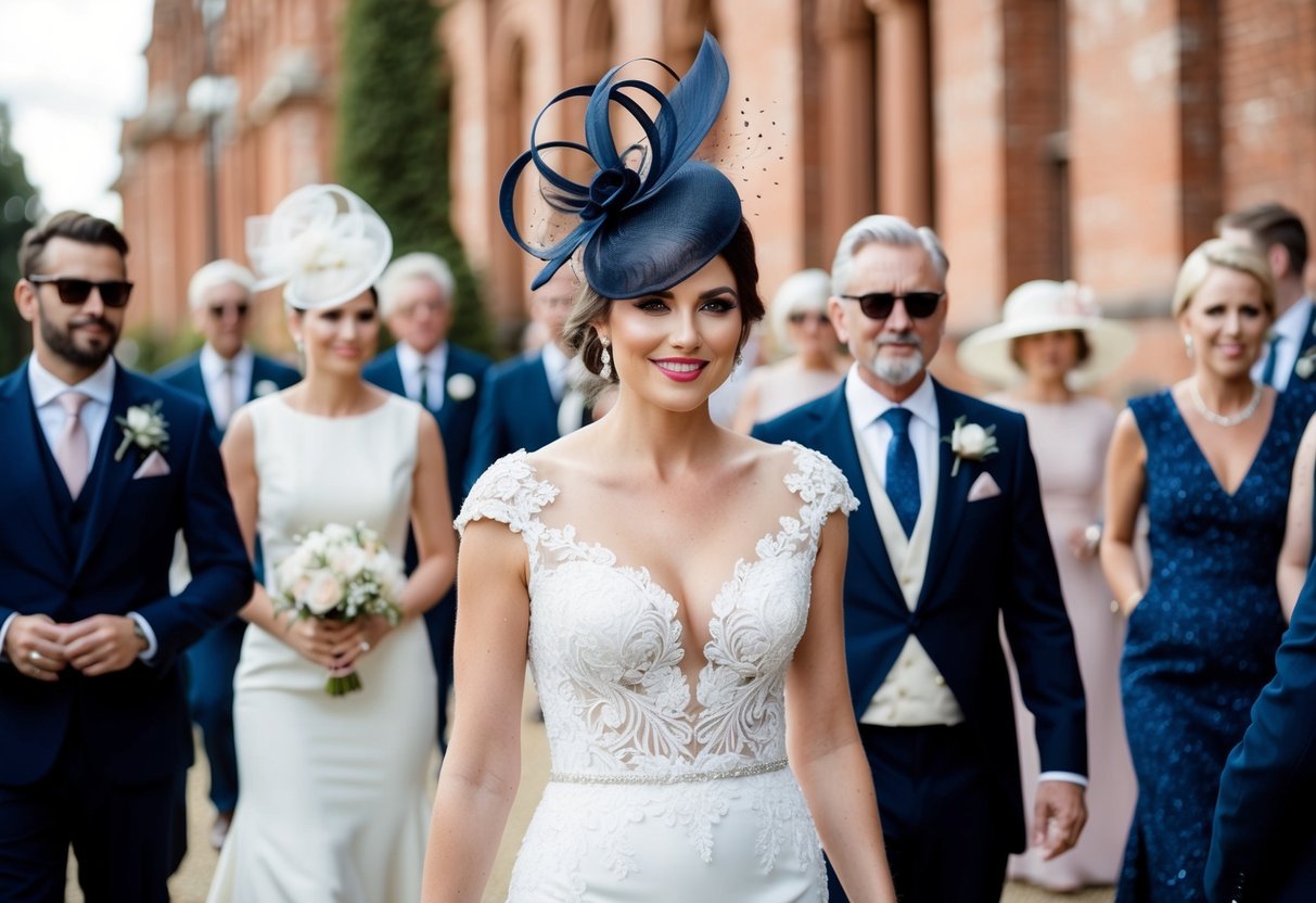 A stylish wedding scene with a modern bride wearing a fascinator, surrounded by fashionable guests in elegant attire