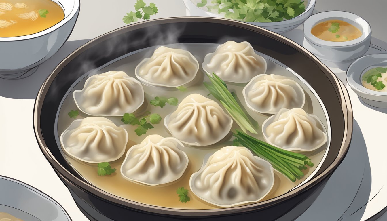 A steaming bowl of reheated chicken dumplings sits on a plate, surrounded by a light, flavorful broth. The dumplings are plump and tender, with steam rising from their surface