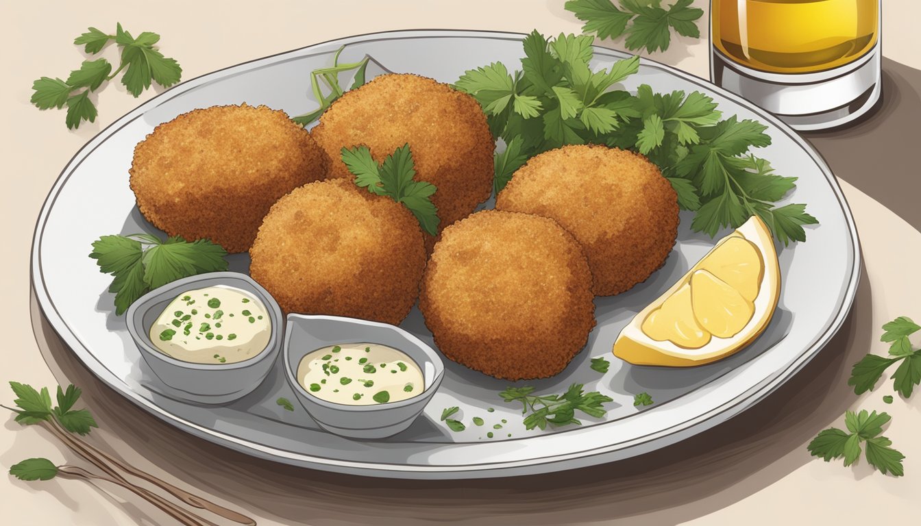 A plate of chicken croquettes surrounded by herbs and spices, with a side of dipping sauce and a glass of white wine