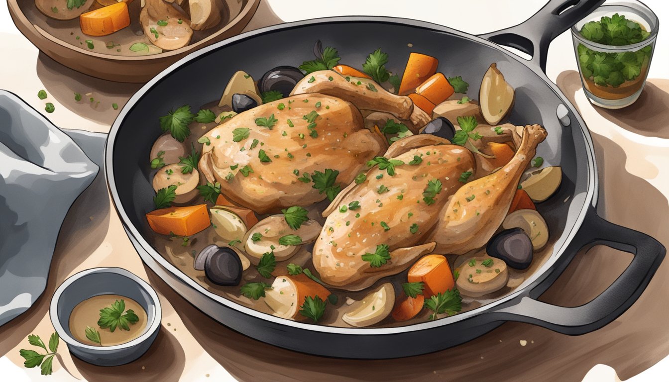 A steaming plate of chicken marsala being gently reheated in a skillet, with a sprinkle of fresh herbs and a side of roasted vegetables