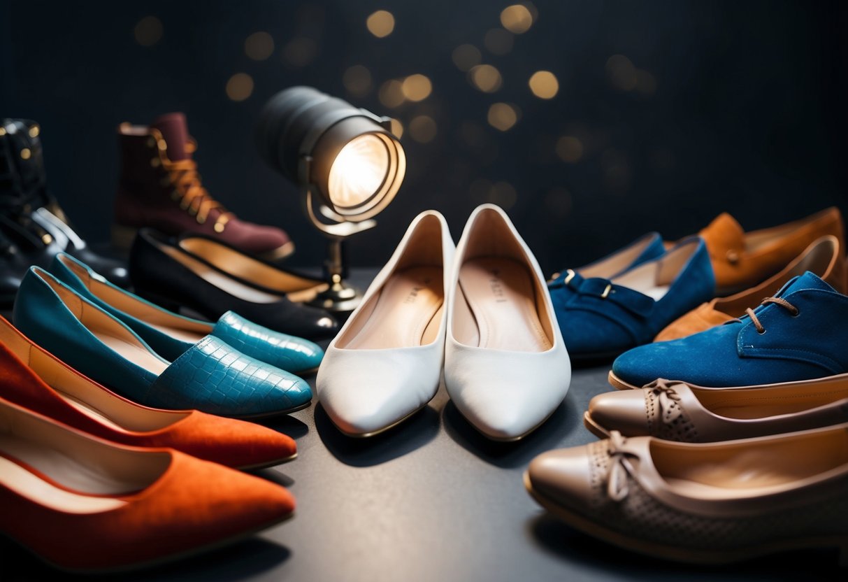 A pair of flats surrounded by various types of footwear, with a spotlight shining on the flats