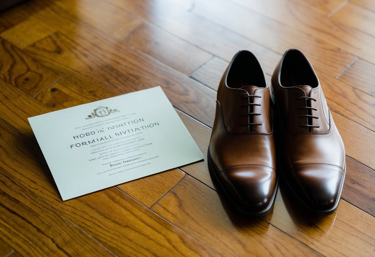 A pair of brown shoes placed next to a formal wedding invitation on a polished wooden floor