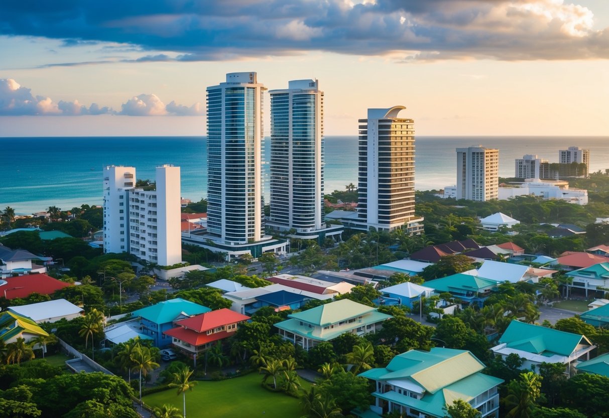 A bustling Cebu cityscape with modern high-rise buildings and traditional Filipino-style houses, surrounded by lush greenery and beautiful beaches