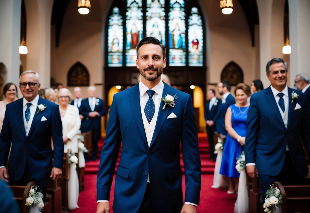 A man in a formal suit stands in front of a grand church, with other guests in formal attire, as they enter for a wedding ceremony