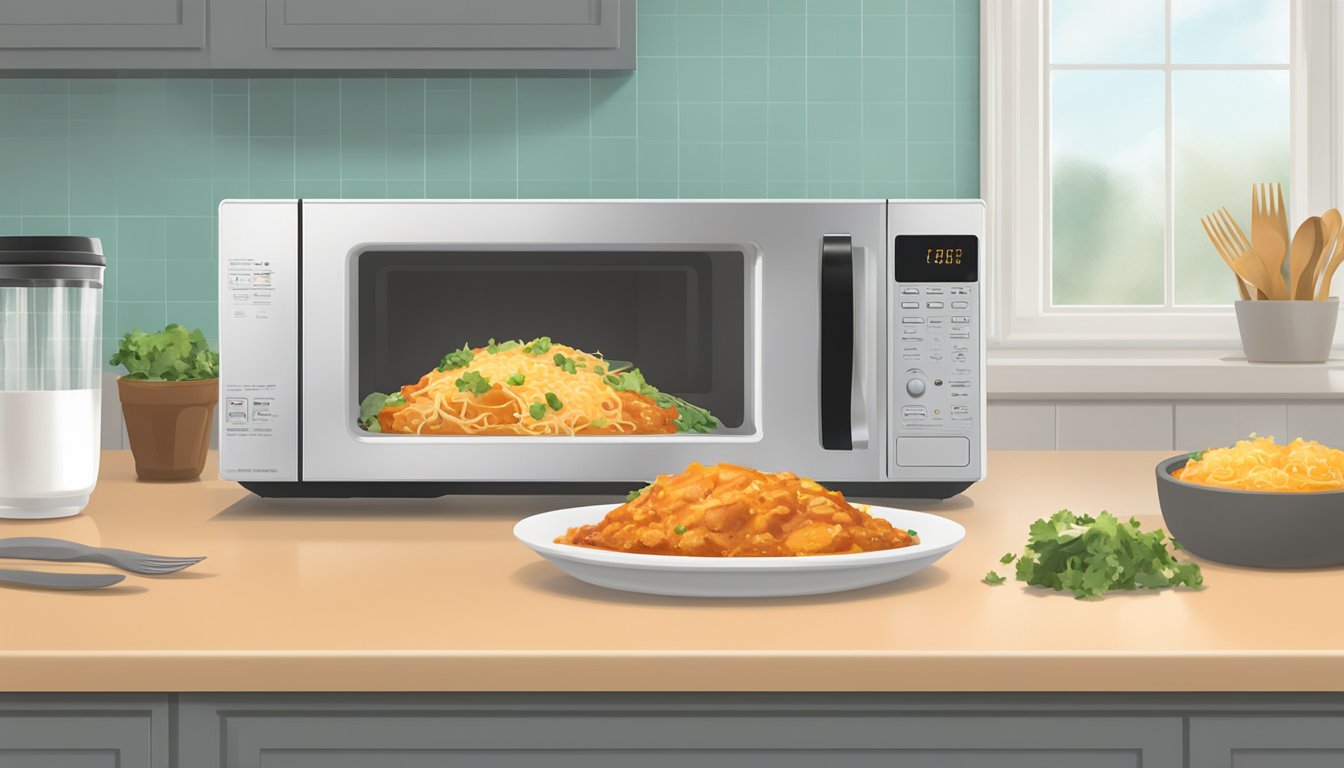 A microwave with a chicken enchilada bowl inside, steam rising, and a fork next to it on a clean kitchen counter