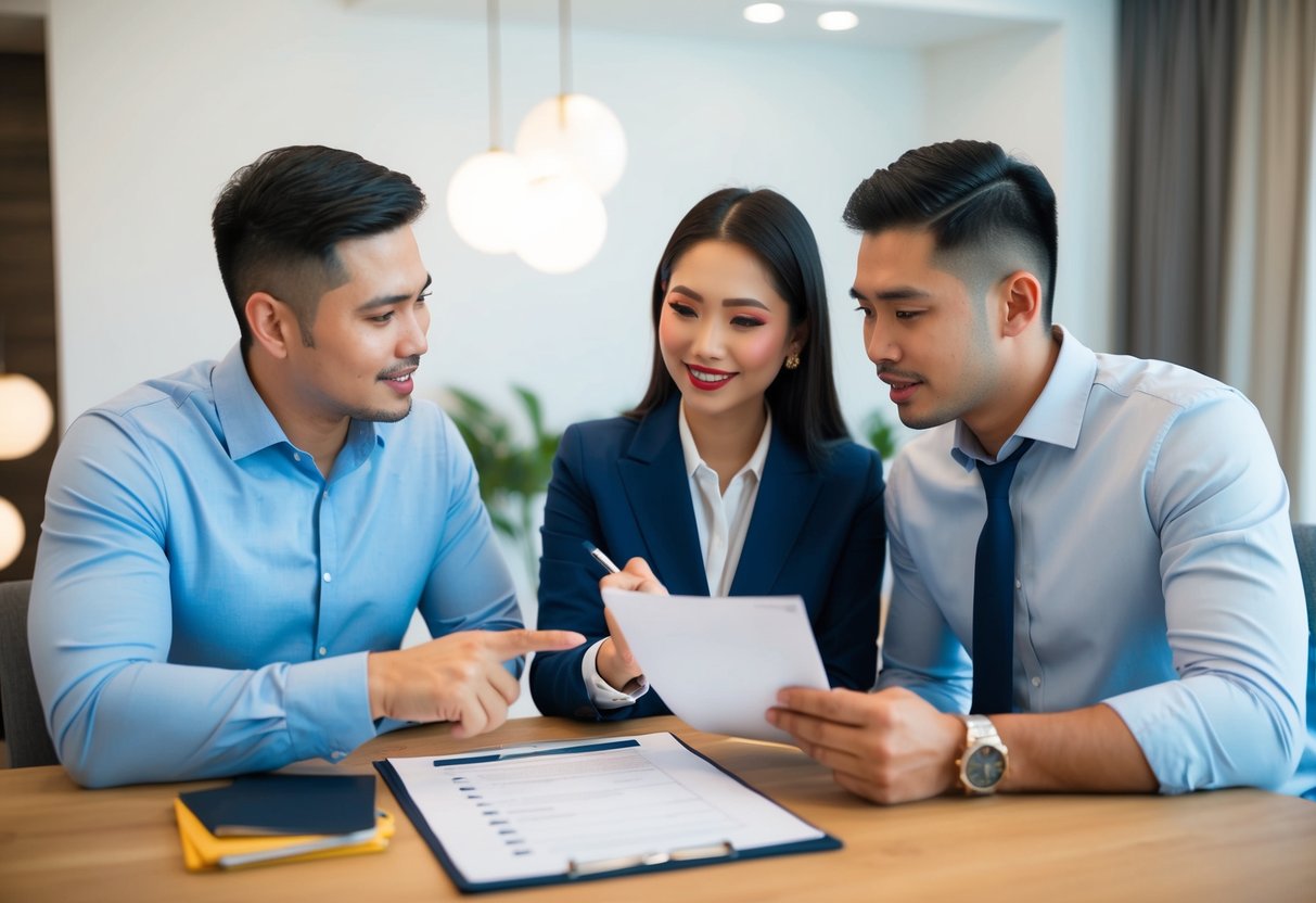 A couple sits with a real estate agent, discussing a checklist of Cebu properties. The agent points to a document as the couple nods attentively