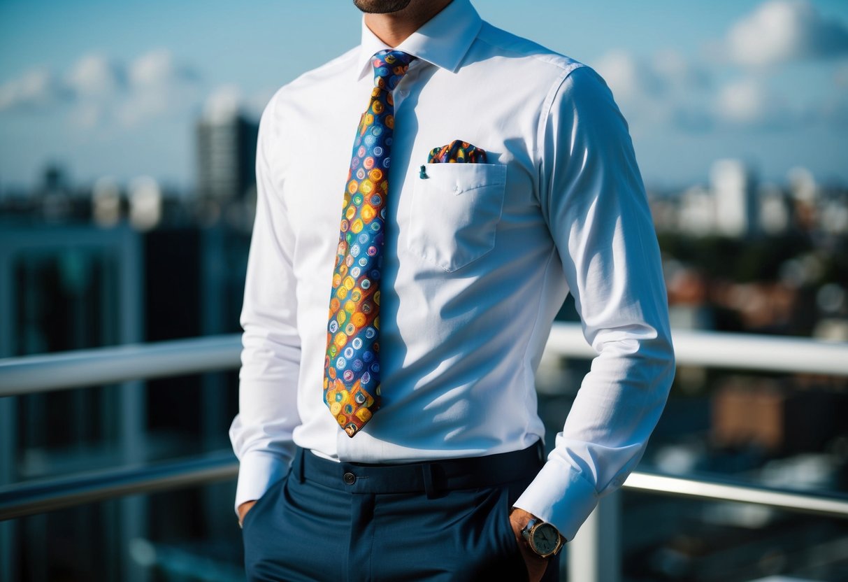 A man in a crisp white shirt and tailored trousers, adding a colorful tie and pocket square to his outfit