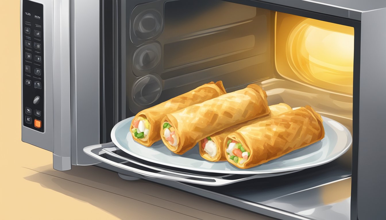 A plate of chicken egg rolls being reheated in a microwave