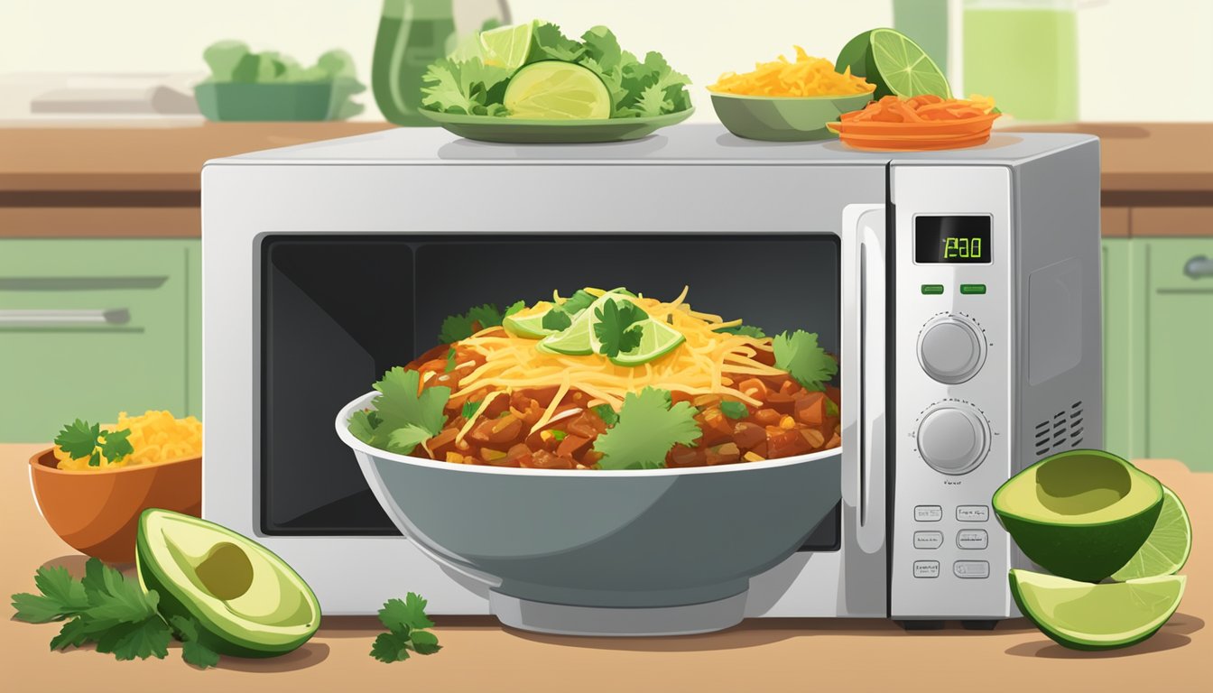 A microwave with a steaming chicken enchilada bowl on a plate, surrounded by fresh ingredients like avocado, lime, and cilantro