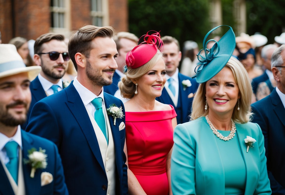 Guests in UK wedding: men in formal suits, women in elegant dresses. Some may wear hats or fascinators. Colors vary