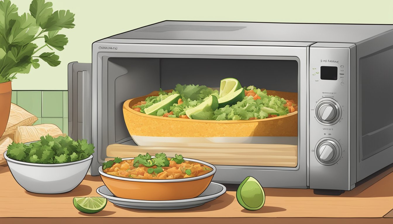 A microwave with a steaming chicken enchilada bowl inside, surrounded by fresh ingredients like cilantro, lime, and avocado