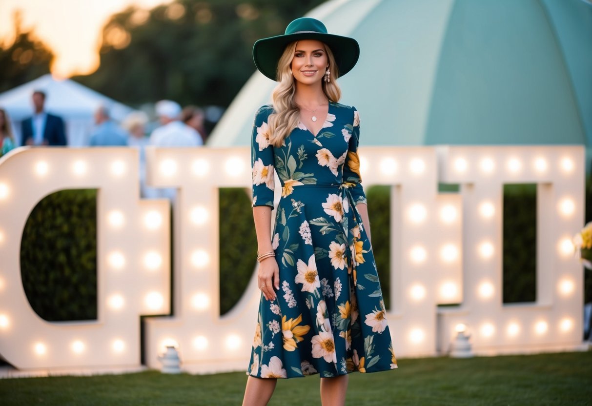 A floral-print knee-length dress with a matching wide-brimmed hat and strappy sandals, set against a backdrop of a garden or outdoor venue at sunset
