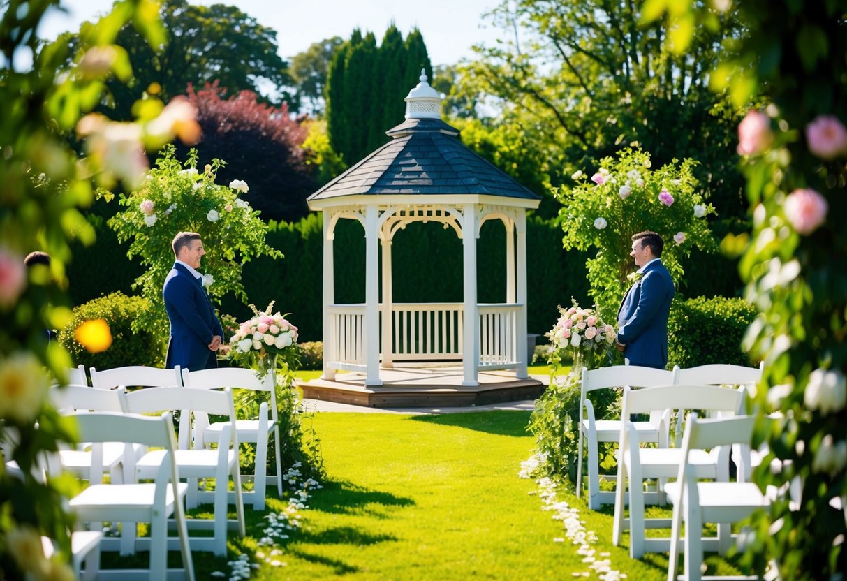 A sunny outdoor garden with a mix of formal and semi-formal attire. Flowers and greenery surround a quaint gazebo where the ceremony will take place