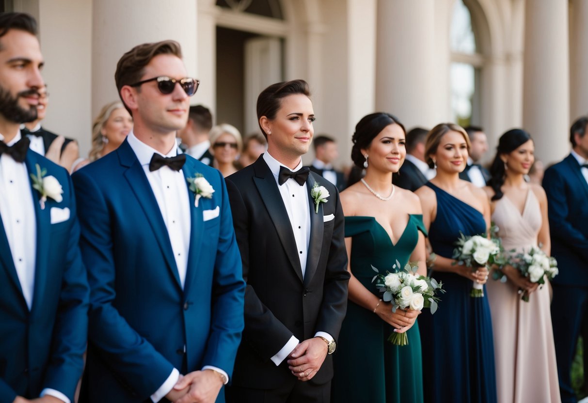 Guests in formal attire: men in suits or tuxedos, women in elegant dresses or formal evening wear. No casual or beach attire