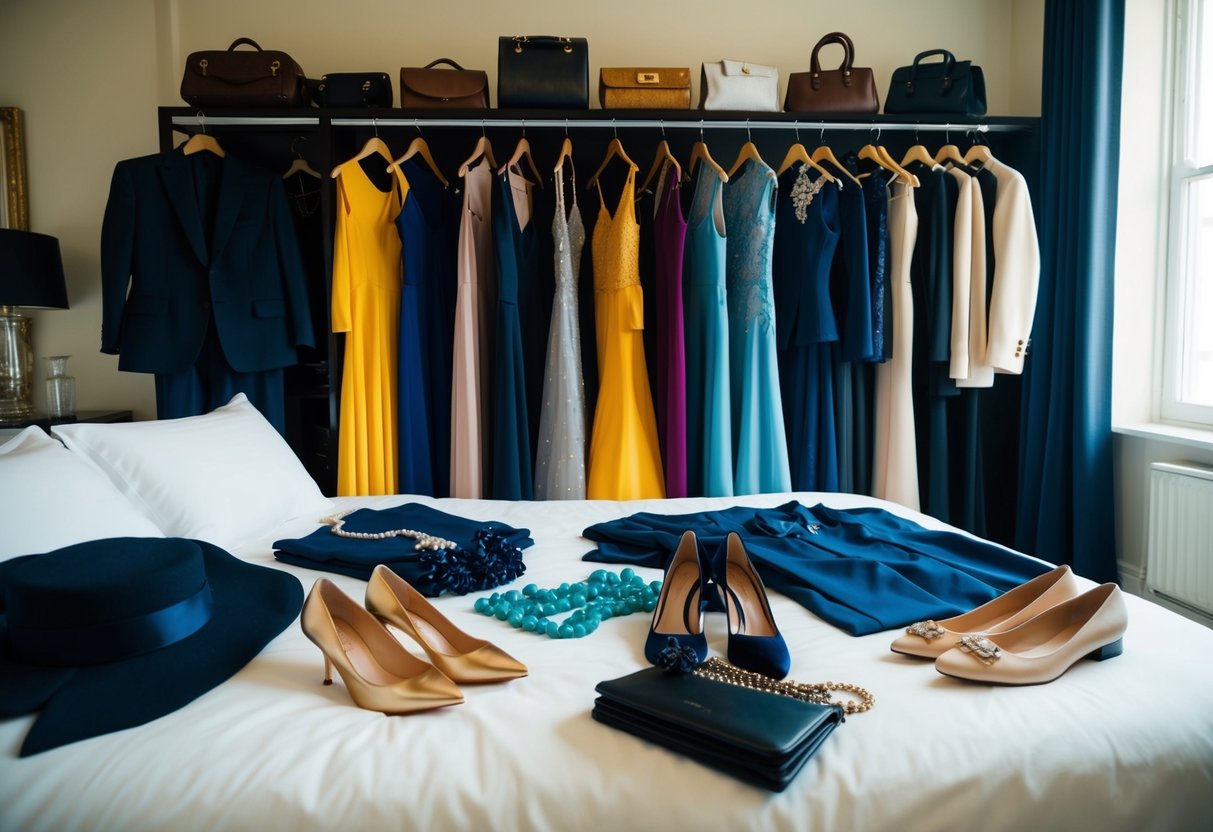 A sunlit room with a collection of elegant dresses, suits, and accessories laid out on a bed or hanging on a wardrobe