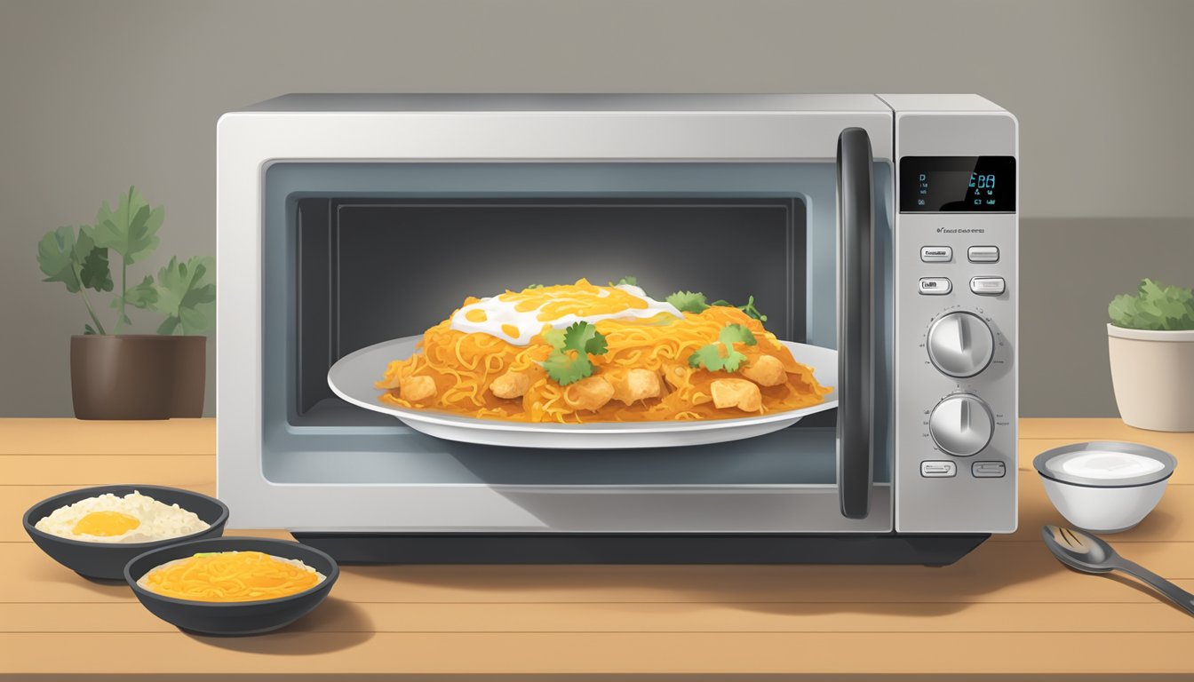 A microwave with a steaming bowl of chicken enchilada, a spoon, and a lid nearby