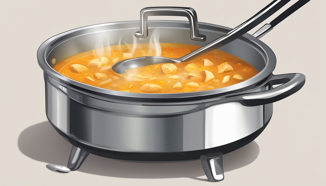 A pot of chicken enchilada soup being heated on a stovetop. A ladle rests on the edge of the pot, steam rising from the bubbling liquid