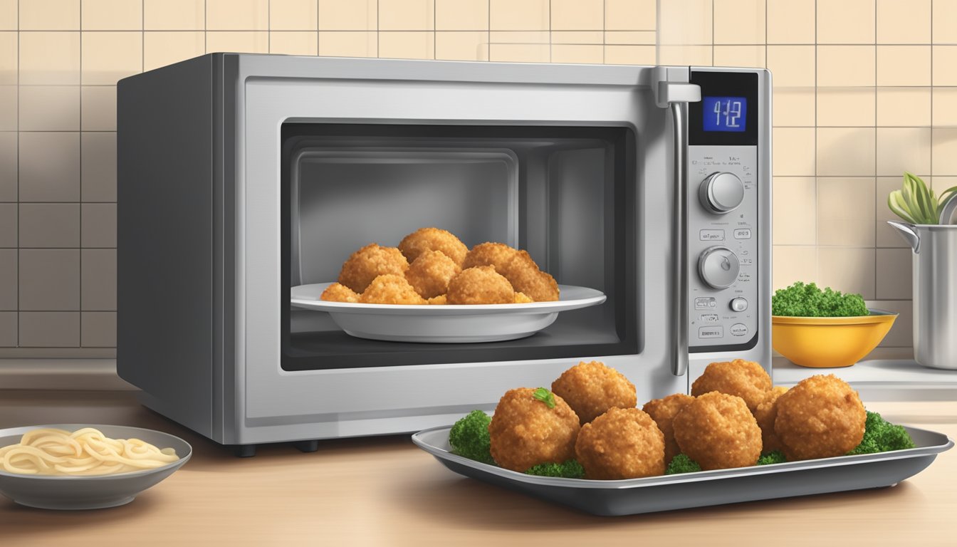 A microwave with a plate of chicken meatballs inside, a digital timer set, and steam rising from the hot food