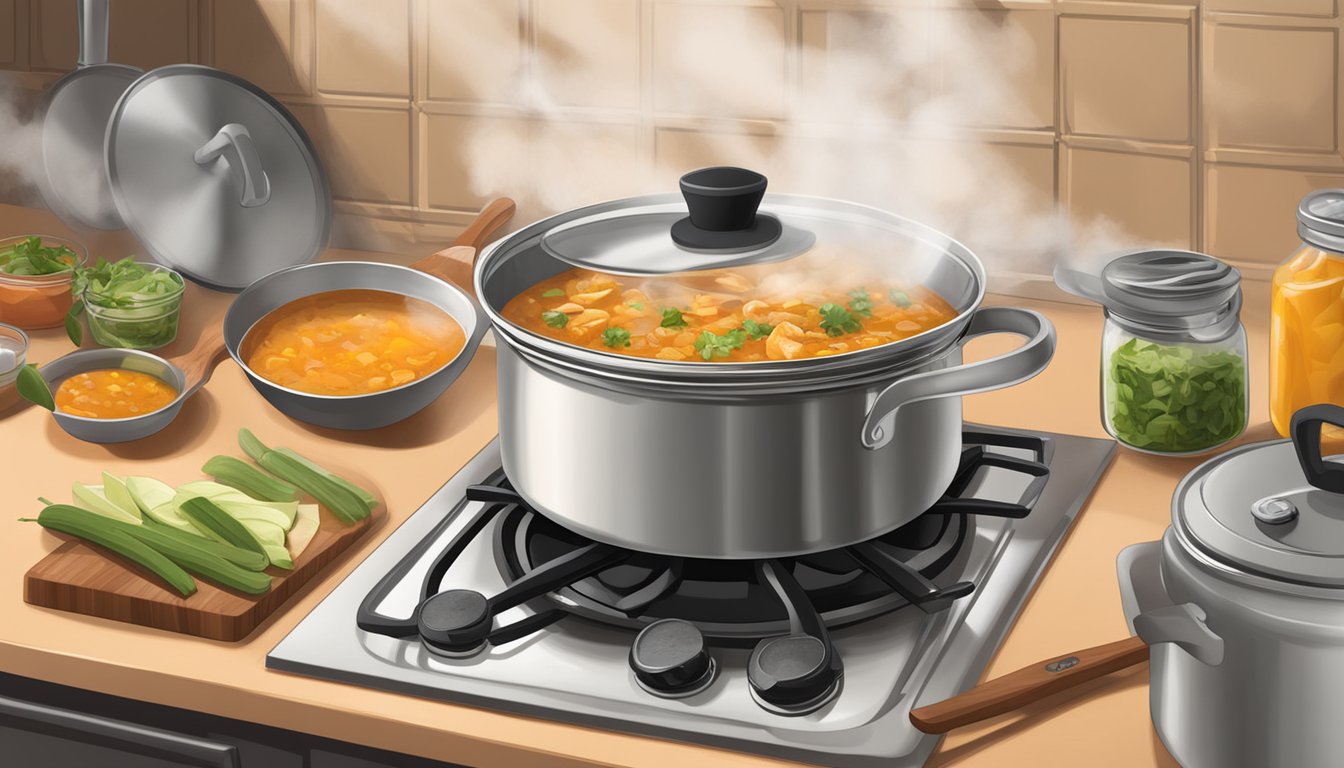 A pot of chicken enchilada soup sits on a stovetop, steam rising as a lid is lifted for reheating. Ingredients and utensils are arranged nearby