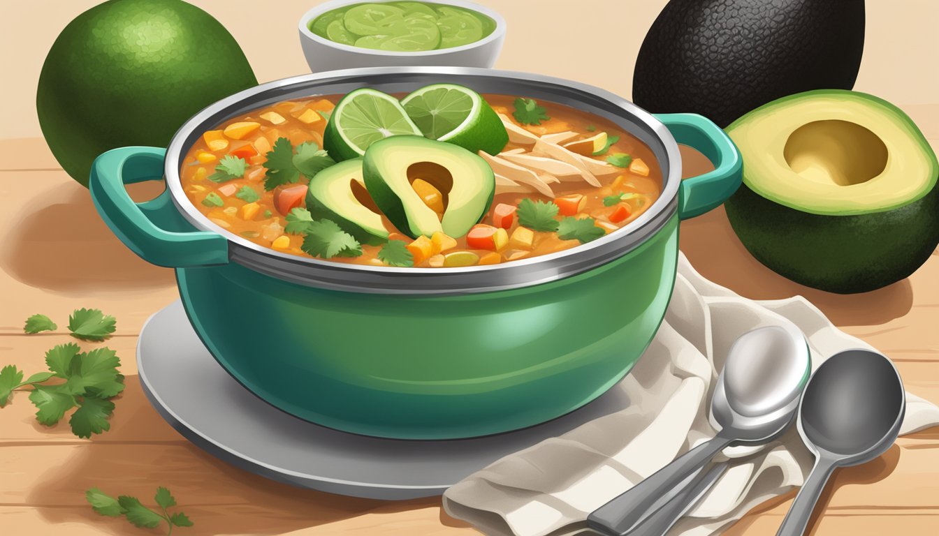 A steaming bowl of chicken enchilada soup sits on a stovetop, surrounded by colorful ingredients like avocado, cilantro, and lime slices