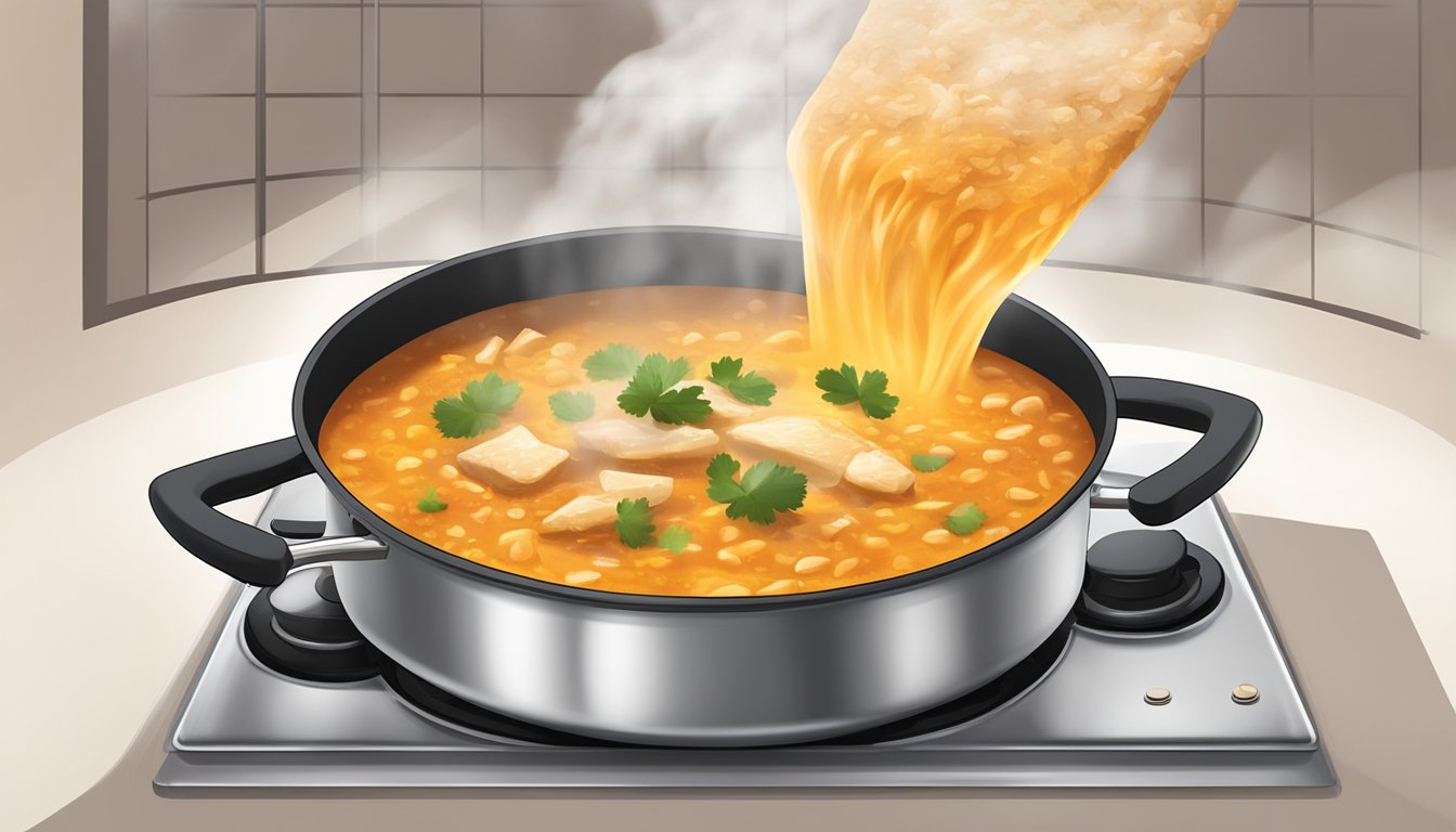 A pot of chicken enchilada soup being reheated on a stovetop, steam rising from the bubbling liquid