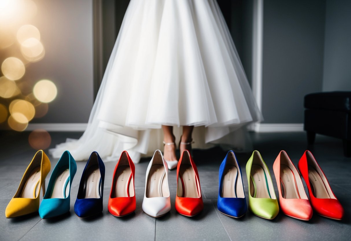 A bride standing in front of a row of different colored shoes, trying to decide which pair to wear with her wedding dress